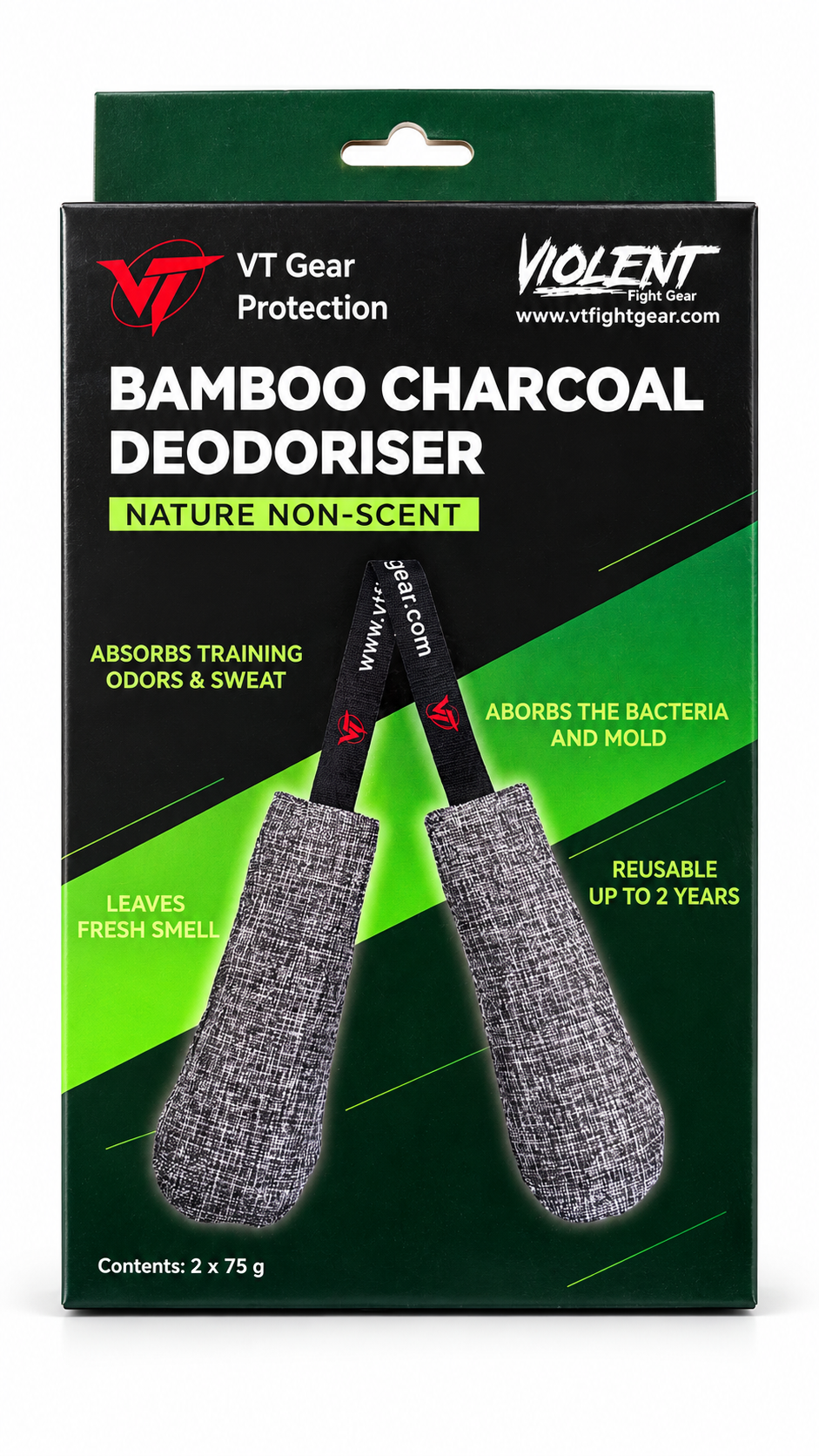 VT Bamboo Charcoal Deodoriser -  Natural Non-scent (Odour Absorber, Reusable up to 2 Years, 2 × 75g)